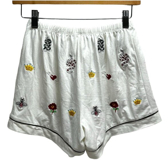 Oolala Womens Embroidered White Lounge Shorts With Heart & Flower Pattern Size M - Picture 2 of 4